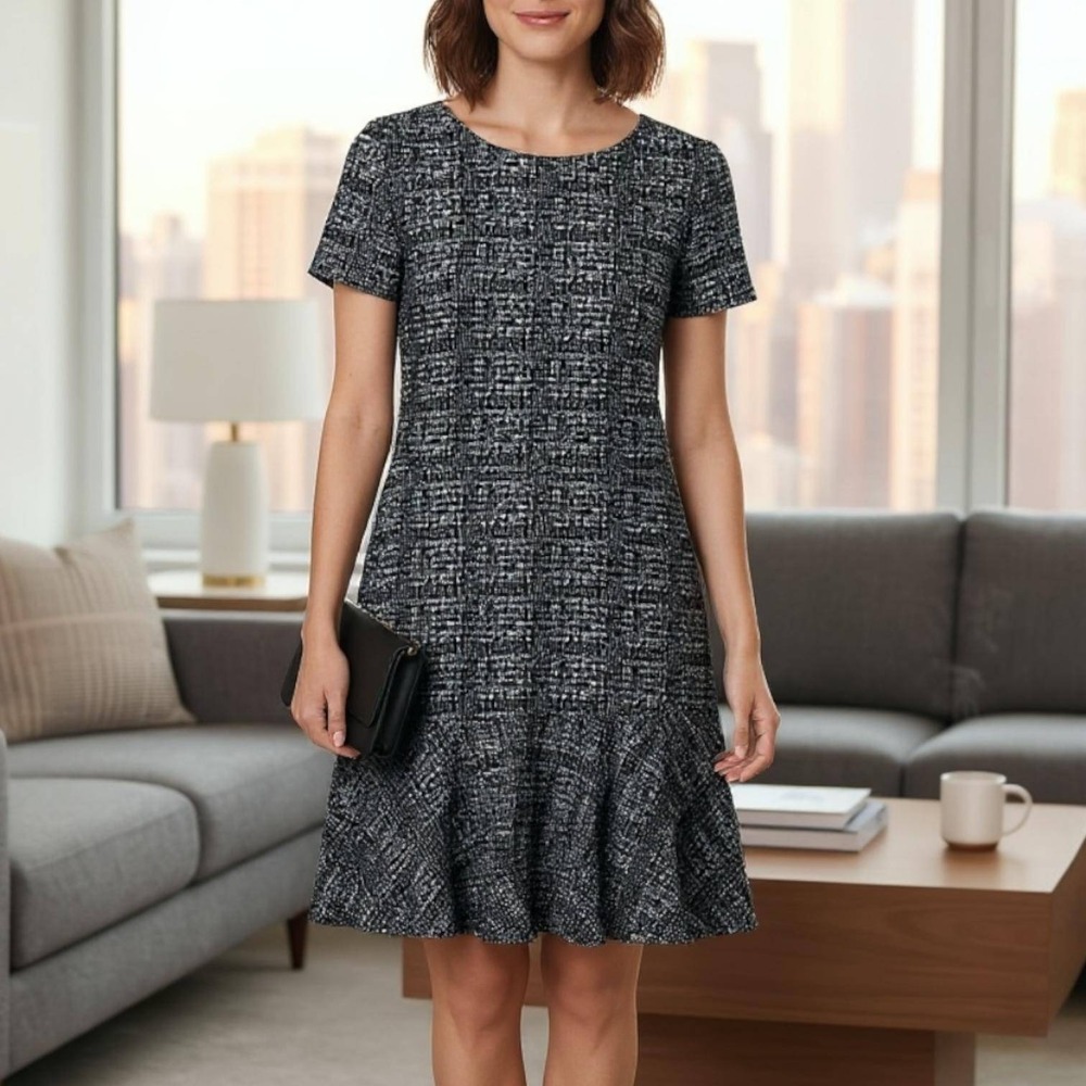 Maison Jules Tweed Dress Size L Flounce Hem Short‎ Sleeve Black and White,